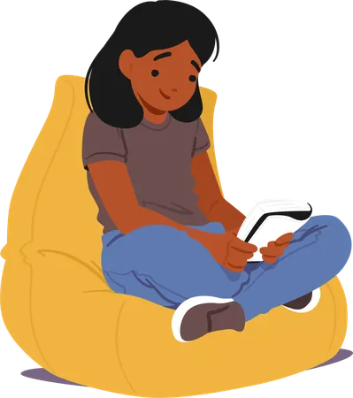 Young Girl Character Engrossed In A Book Sitting on Bean Bag  Illustration