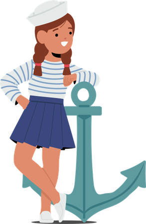 Young Girl Character In Sailor Costume Leans Gracefully Against Anchor  Illustration