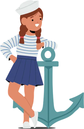 Young Girl Character In Sailor Costume Leans Gracefully Against Anchor  Illustration