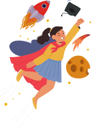 Young Girl Character In Superhero Outfit Soaring Through Space Inspiring The Idea Of Adventure Imagination And Education  Illustration