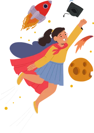 Young Girl Character In Superhero Outfit Soaring Through Space Inspiring The Idea Of Adventure Imagination And Education  Illustration