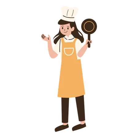 Young girl chef standing holding a frying pan  Illustration