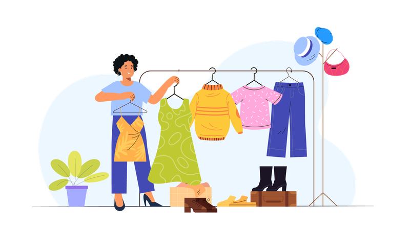 Young Girl choose dress at shopping store  Illustration