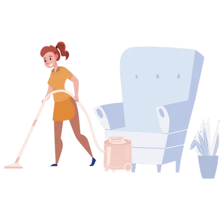 The Girl Is Cleaning The Floor With A Hoover Illustration