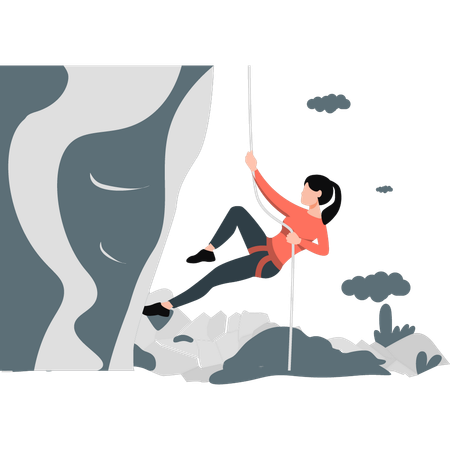 Young girl climbing on rock with rope  Illustration