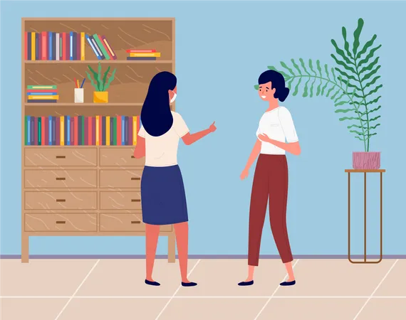 Girl In A Medical Mask Talks To A Female Character Standing Nearby Female Characters Communicating On Background Of A Bookcase Dialogue Of Girls During Break At Work Discussion During Working Hours Illustration