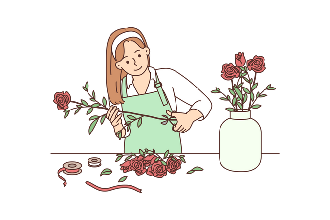 Young girl cutting rose and put in flower pot  Illustration