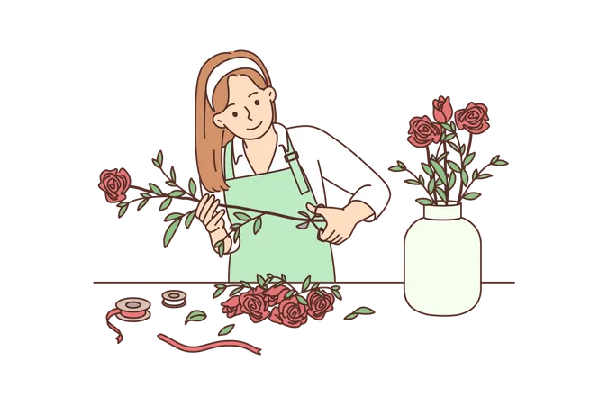 Young girl cutting rose and put in flower pot  Illustration