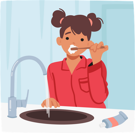 Young Girl Diligently Brushes Her Teeth  Illustration