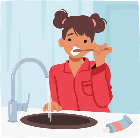 Young Girl Diligently Brushes Her Teeth Toothbrush In Hand Scrubbing Away To Maintain Her Oral Hygiene Routine Little Child Character Daily Routine And Hygiene Cartoon People Vector Illustration Illustration