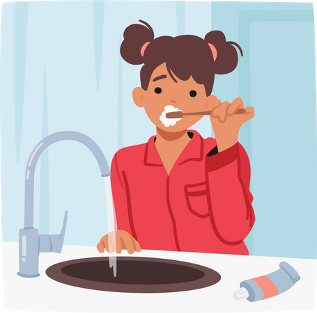Young Girl Diligently Brushes Her Teeth  イラスト