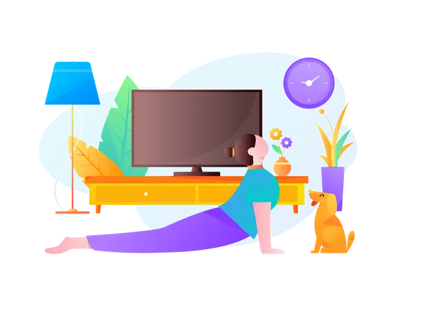 Young girl doing body stretching exercise at home  Illustration