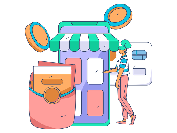 Young girl doing mobile payment for shopping  Illustration