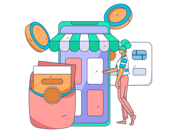 Young girl doing mobile payment for shopping  Illustration