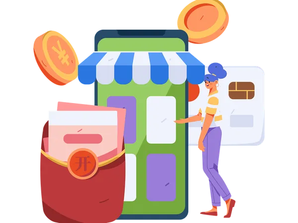 Young girl doing mobile payment for shopping  Illustration