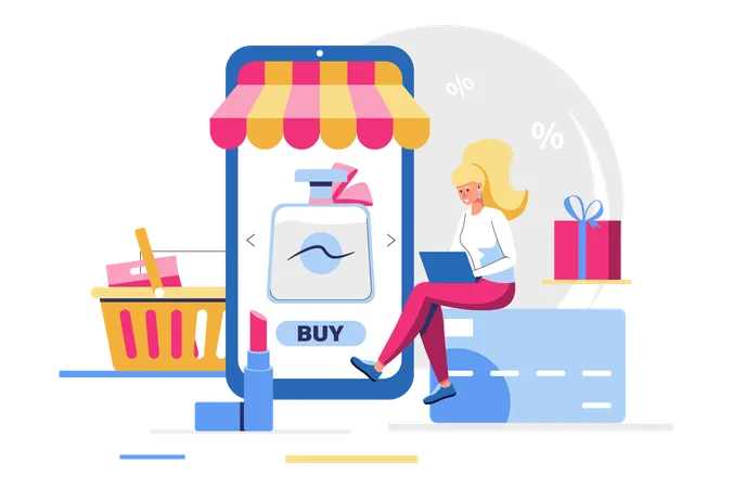 Young girl doing online shopping  Illustration