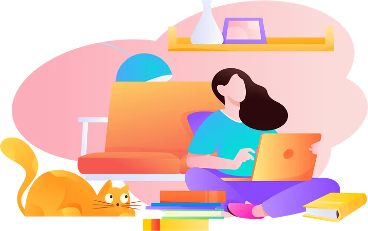 Young girl doing online study at home  Illustration