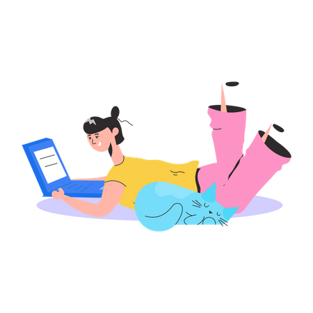 Young girl doing work on laptop  Illustration