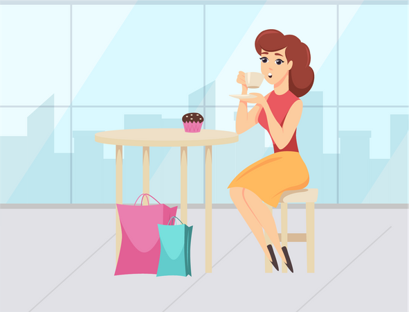 Young girl drinking coffee after shopping  Illustration