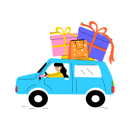 Young girl drive car with gift box  Illustration