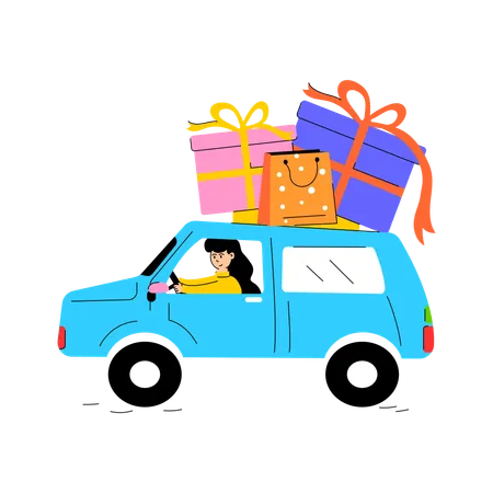 Young girl drive car with gift box  Illustration