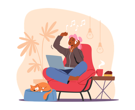 Young Girl Enjoying Music While Sitting On Chair Illustration