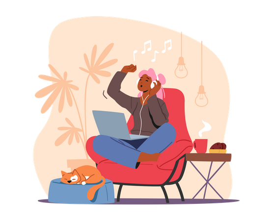 Young Girl Enjoying Music While Sitting On Chair  Illustration