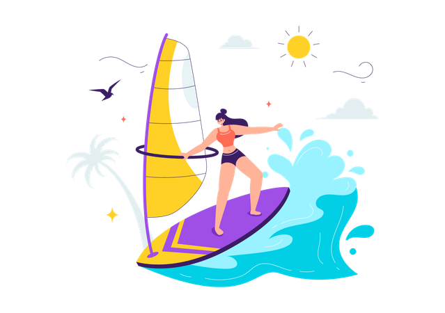 Young girl enjoying Windsurfing sport  Illustration