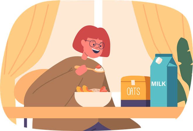 Young Girl Enjoys Nutritious Breakfast  イラスト