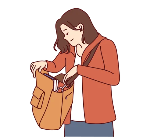 Young girl finding something in bag  Illustration