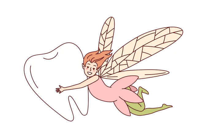 Young girl flying with teeth  Illustration
