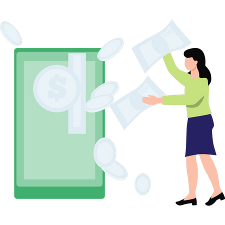 Young girl giving money online  Illustration