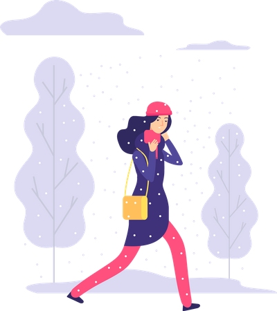 Young girl going outside in snowing weather  Illustration