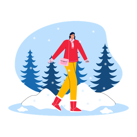 Young girl going outside in snowing weather  Illustration
