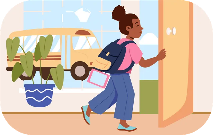 Young girl going to school in school bus  Illustration