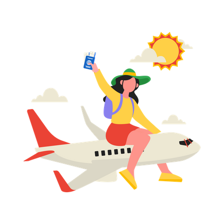 Young girl going trip by airplane  Illustration