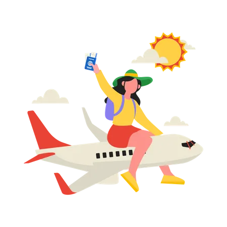 Young girl going trip by airplane  Illustration