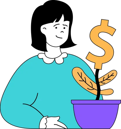 Young girl growing money plant  Illustration