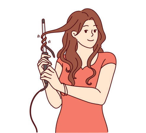 Young girl hairstyling twisting hair using curling iron  Illustration
