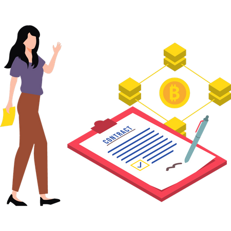 Young  girl has bitcoin contract  Illustration
