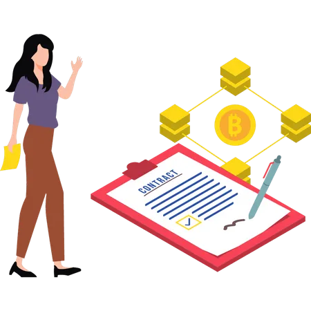 Young  girl has bitcoin contract  Illustration
