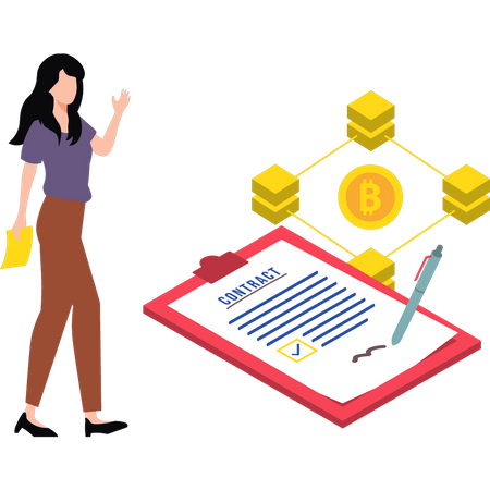 Young  girl has bitcoin contract  Illustration