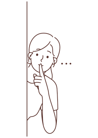 Young girl hide beside wall and put finger on mouth  Illustration