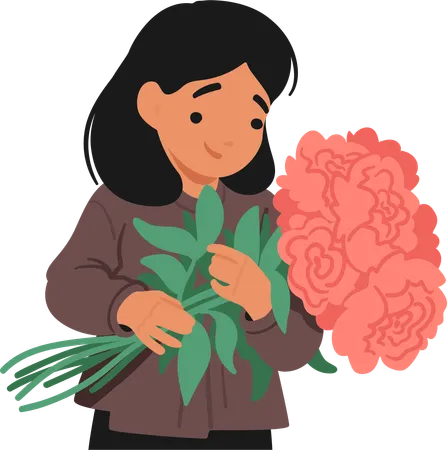 Young Girl Hold Bouquet Of Pink Peonie  Illustration