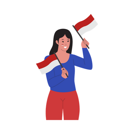 Young girl holding a flag and celebrate Indonesia independence day  Illustration