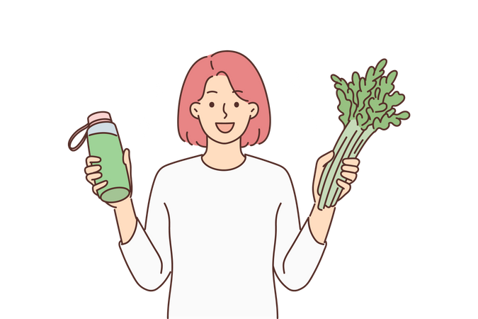 Young girl holding Asparagus juice  Illustration