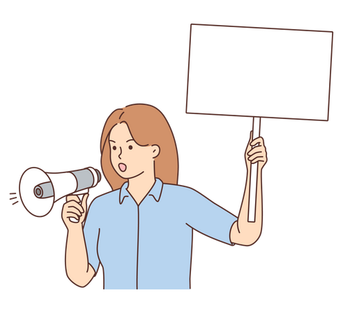 Young girl holding board and announcing in megaphone  Illustration