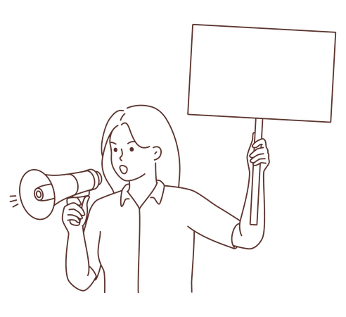 Young girl holding board and announcing in megaphone  Illustration