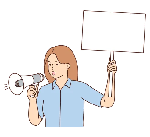 Young girl holding board and announcing in megaphone  Illustration