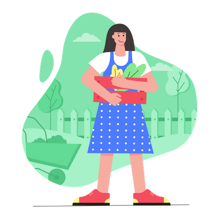 Young girl holding box with vegetables Illustration